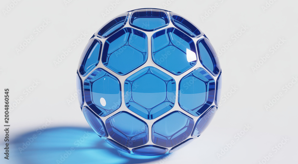 Naklejka premium Abstract 3d sphere with a blue glass hexagonal pattern and metallic frame on white background