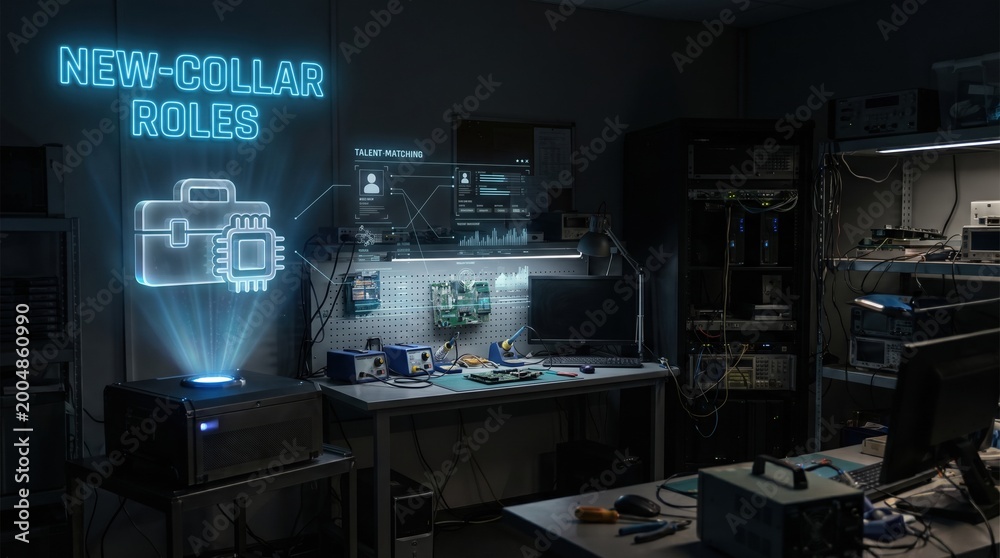 Fototapeta premium Futuristic workstation with holographic display showcasing new-collar job roles and technology for modern careers
