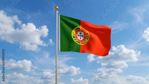 The Portugal flag flies against a bright blue sky.