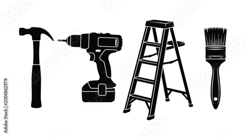 Photos Set of black silhouettes of home improvement and construction tools including ha