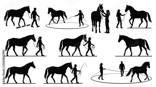 Tableau sur toile Set of silhouettes of people training and leading horses equestrian activities i