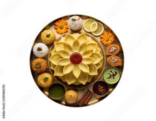Traditional indian thali platter with various dishes and flower petals on a metal tray