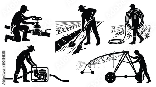 Photos Set of silhouettes of farmers and workers working with irrigation systems, water