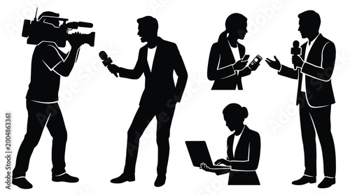 Fotografía Set of silhouettes of journalists, reporters, cameraman and news anchor with mic
