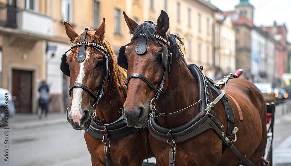 Obraz premium Two brown horses with harnesses on a city street