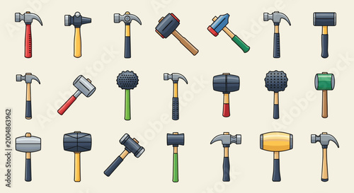 Diverse collection of hand tools featuring various hammers and mallets for construction and renovation projects