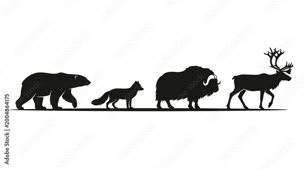 Fototapeta premium Set of silhouettes of arctic animals polar bear, arctic fox, musk ox and reindeer