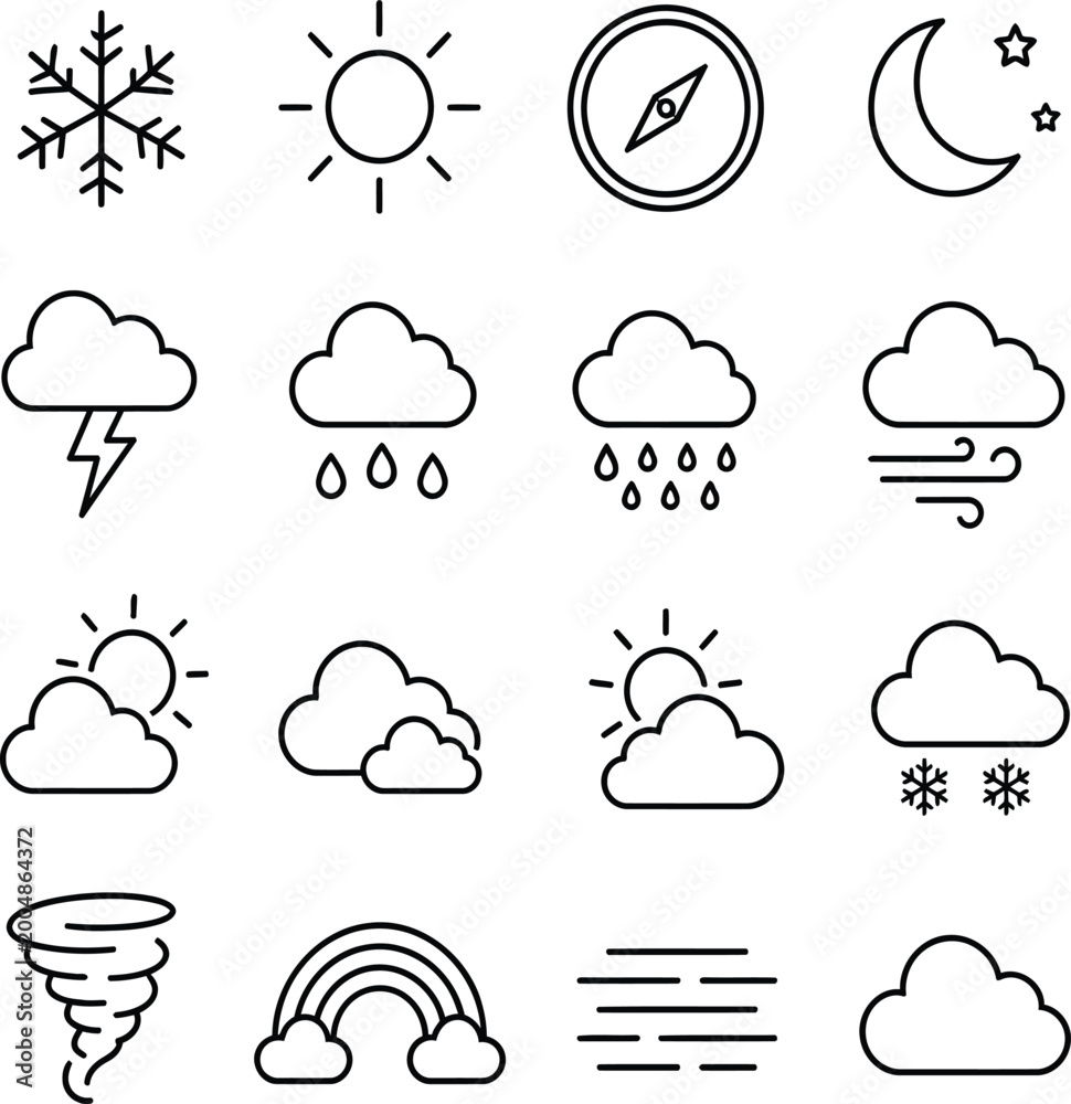 Fototapeta premium Weather Line Icons Vector Set, Minimal Climate Outline Symbols