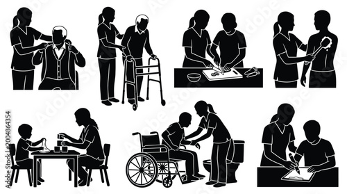 Foto Set of icons representing a caregiver assisting elderly and disabled people with