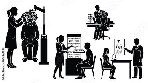 Konstfotografi Optometrist and ophthalmologist eye examination and glasses selection vector ico