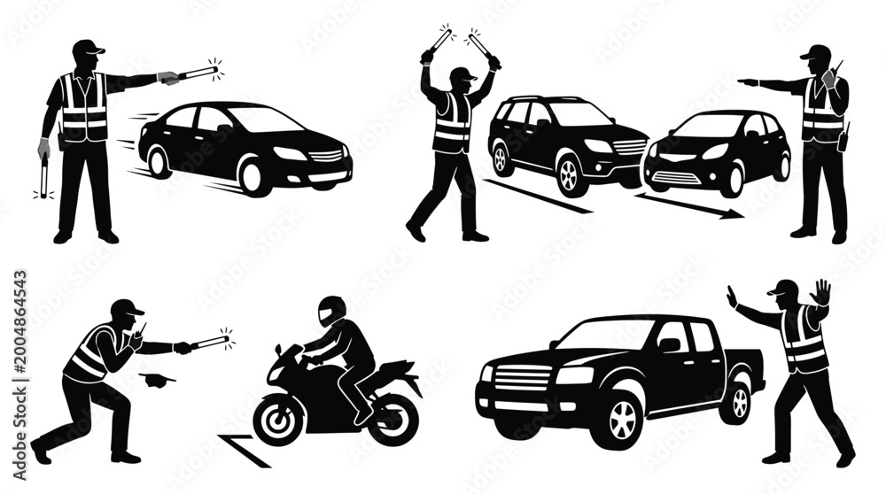 Fototapeta premium Traffic police officer directing cars and motorcycle, set of vector illustrations