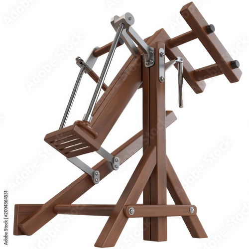Wooden playground swing set with metal mechanisms isolated on a plain white background