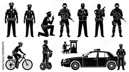 Bild auf Leinwand Set of police officers, swat team, police car, and patrol units