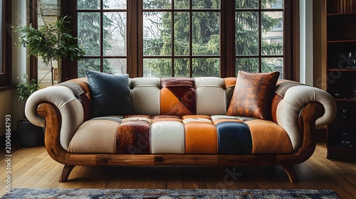A stylishly repurposed sofa with patchwork leather upholstery in warm earth tones sits invitingly in a sunlit living room featuring large windows and wooden flooring, showcasing unique craftsmanship.