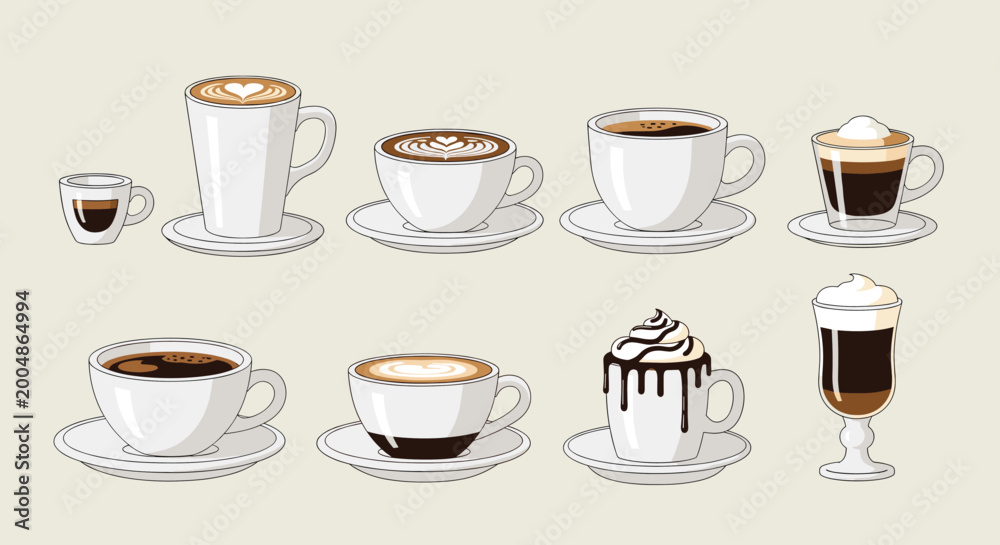 Obraz premium Delicious hot coffee beverages with milk foam and whipped cream suitable for various cafe promotions and menu designs
