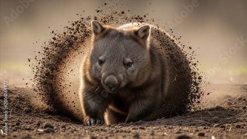 Animal - Wombat Bursting Through Underground Tunnel Emerging from Dirt with Soil Explosion in Australian Wildlife