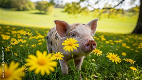 Animal - Cute Baby Piglet Standing in Green Meadow Surrounded by Blooming Yellow Daisy Flowers