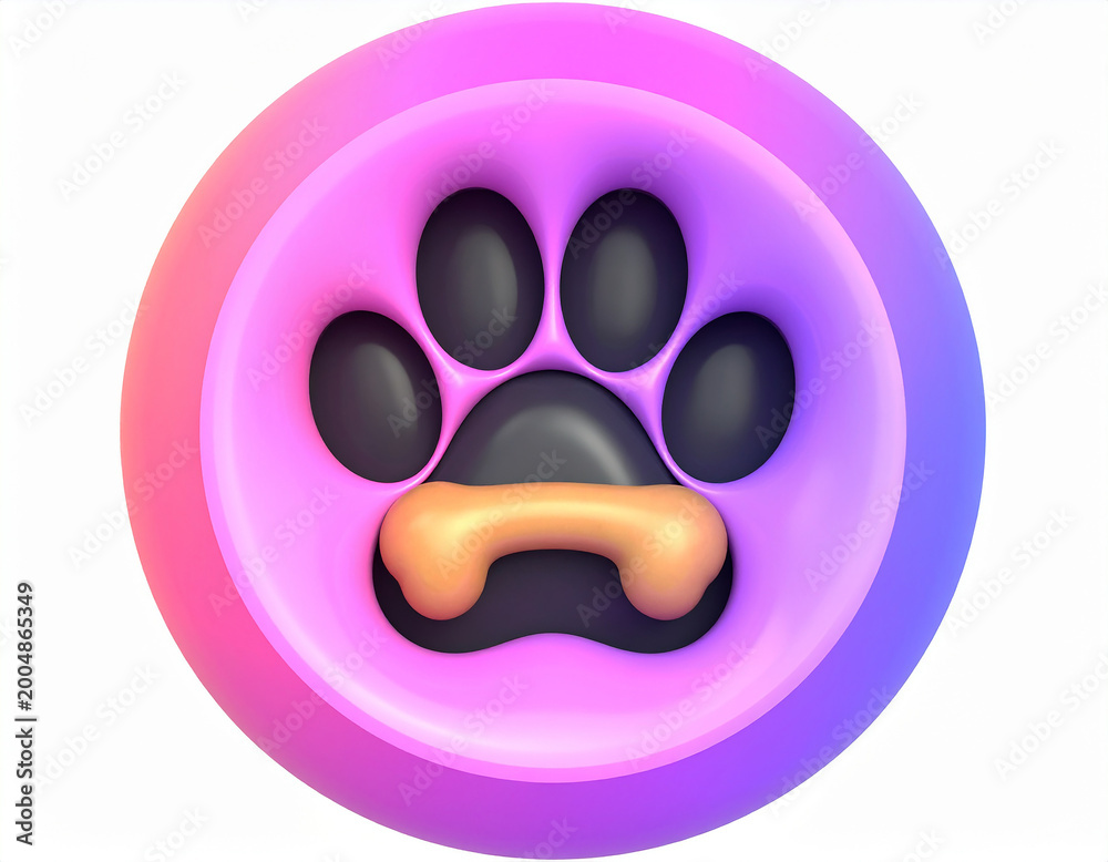 Fototapeta premium 3D rendered circular with a pink and purple gradient featuring a black paw print and a bone