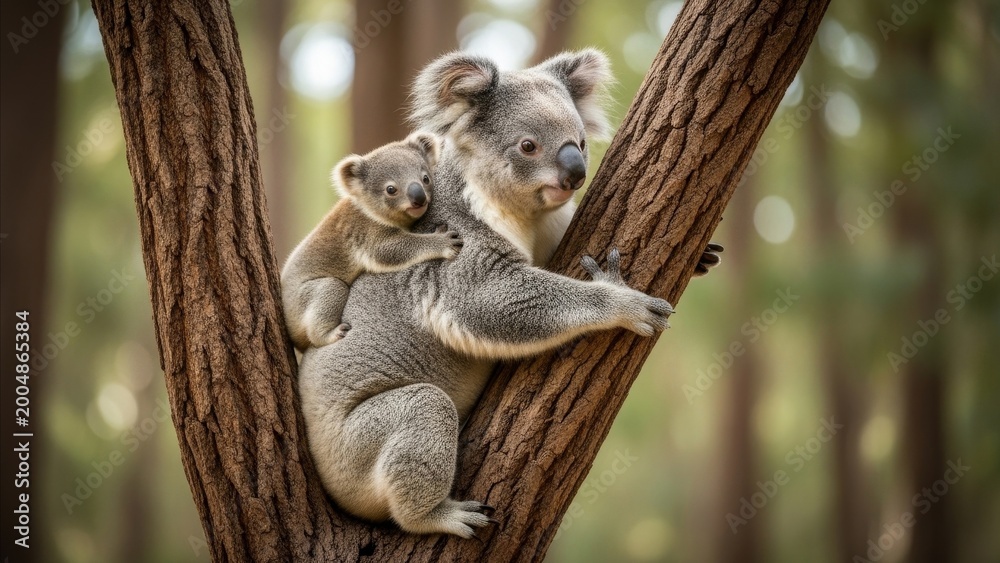 Fototapeta premium Animal - Mother Koala Clinging to Eucalyptus Tree Fork with Curious Baby Joey on Her Back in Australian Forest