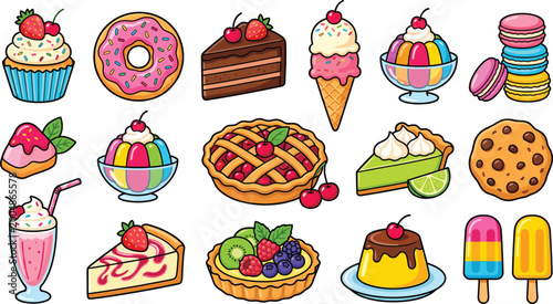 Bild auf Leinwand Colorful dessert vector set featuring cakes donuts ice cream pie pudding milksha