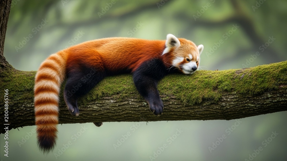 Obraz premium Animal - Red Panda Resting on Moss Covered Tree Branch in Misty Forest Natural Habitat Wildlife