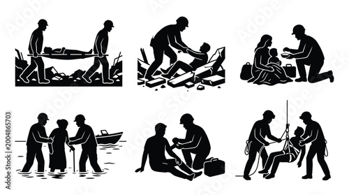 Tableau sur toile Rescue and humanitarian aid silhouette icons set emergency responders helping pe