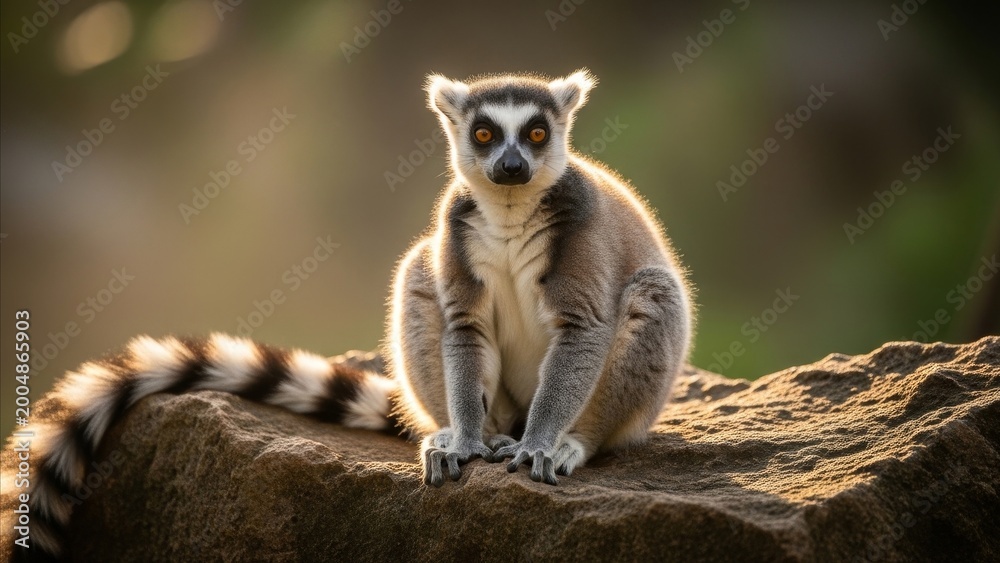 Fototapeta premium Animal - Ring-Tailed Lemur Sitting on Rock with Striking Orange Eyes and Black White Striped Tail