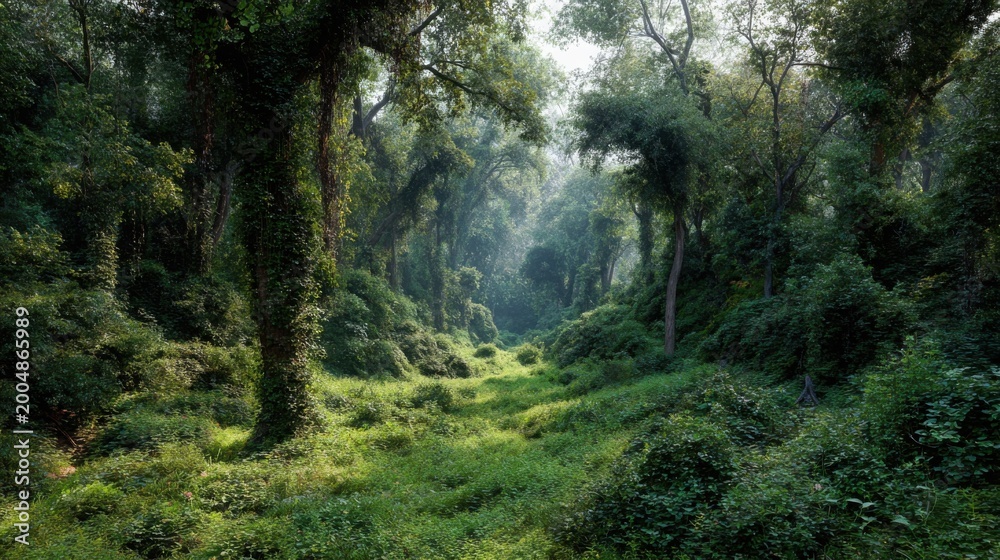 Fototapeta premium Lush Green Jungle Clearing Bathed in Dappled Sunlight