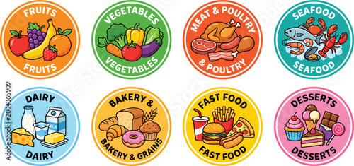 Photos Food category badge collection with fruits vegetables meat poultry seafood dairy