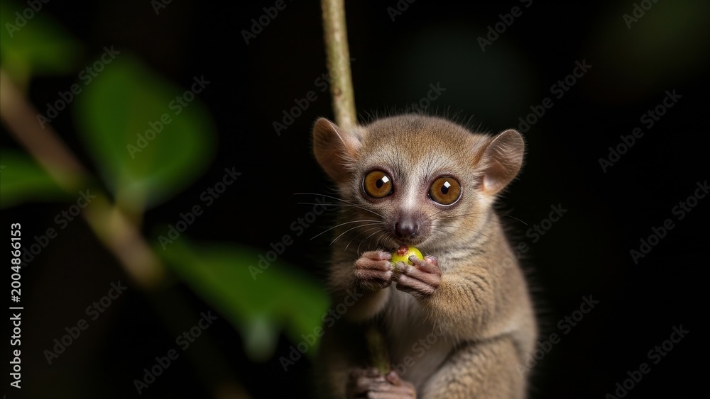 Fototapeta premium Animal - Tiny Mouse Lemur Holding Small Green Fruit with Large Round Eyes in Dark Tropical Forest