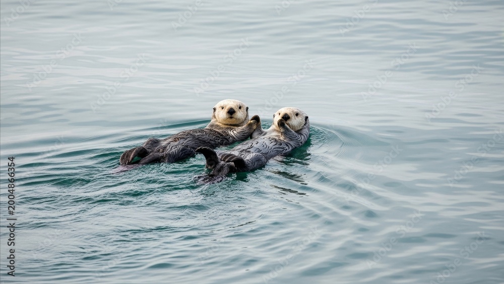 Fototapeta premium Animal - Two Sea Otters Floating Together on Calm Ocean Surface Looking at Camera in Natural Habitat