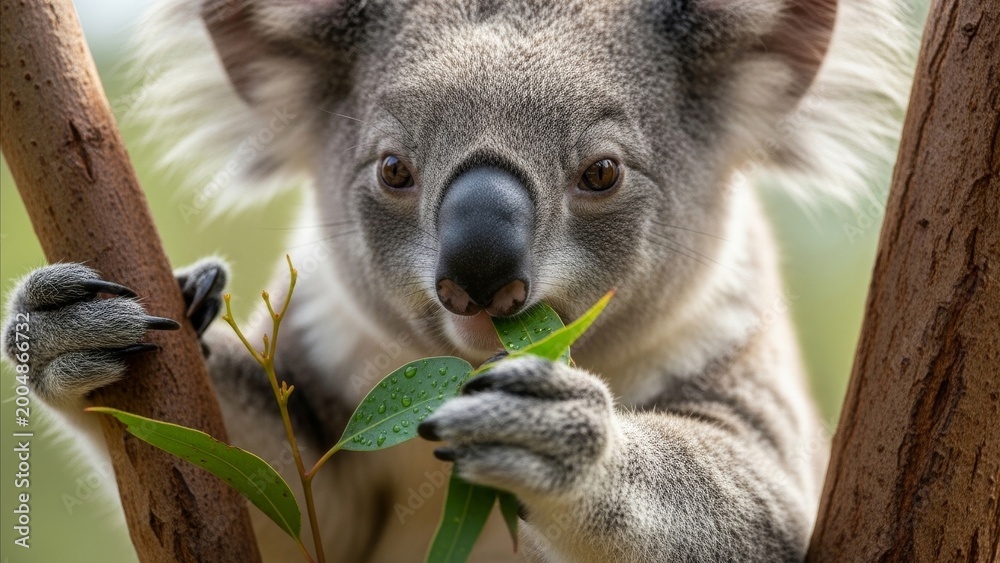 Fototapeta premium Animal - Wild Koala Eating Fresh Eucalyptus Leaves While Gripping Tree Branch in Close Up Portrait