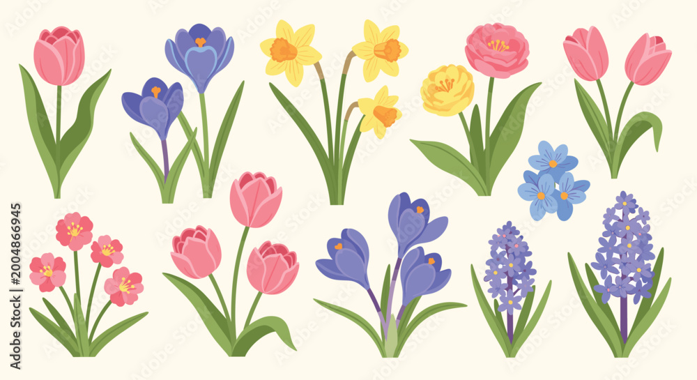 Fototapeta premium Vibrant spring flowers blooming in a cheerful garden collection for seasonal celebration designs