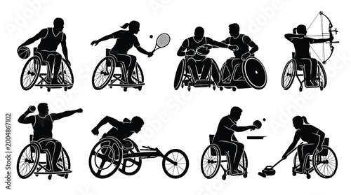 Photography Set of silhouettes of paralympic athletes in wheelchairs, including basketball,