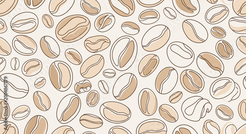 Seamless drawn coffee beans scattered across a background texture for food or beverage packaging
