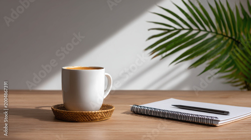 A simple moment of coffee and creativity. A coffee cup sits on the table and there's a notebook and a pen
