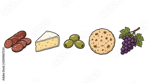Photos Set of snacks for wine tasting, including salami, cheese, green olives, crackers