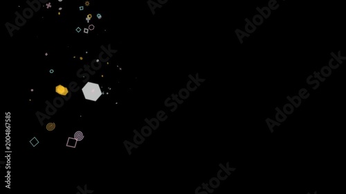 Geometric shapes and particles float against a deep black background with subtle lighting.