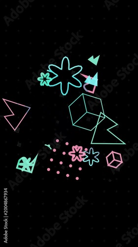 Abstract geometric shapes in neon aqua and pink glow against a dark starry background, creating a vibrant, futuristic digital art composition.