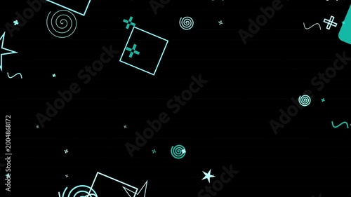 A dark, cosmic expanse is filled with scattered geometric shapes like stars, squares, and circles, illuminated by faint teal and white light, evoking a sense of digital space.