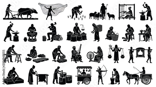 Quadro su tela Set of traditional indian village occupations and rural life silhouettes, includ
