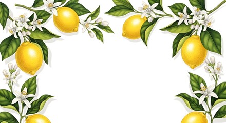 Vibrant Lemon Branches with Blossoms Frame a White Background.