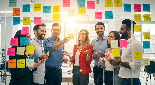 Diverse Team Brainstorming Ideas on Glass Wall with Sticky Notes.