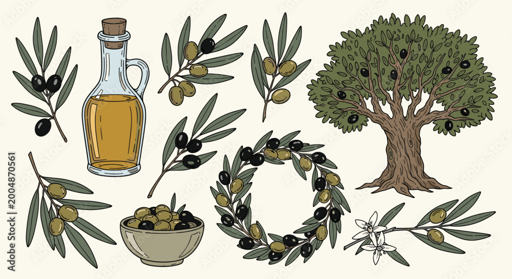Naklejka premium Various olive components including branches, oil bottle, wreath, and tree for culinary and healthy lifestyle marketing