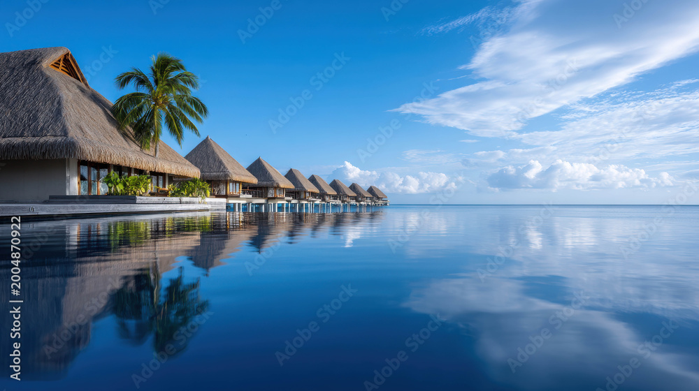 Fototapeta premium Idyllic resort on tranquil water with clear sky. This image captures the beauty of a tropical resort with a clear sky, palm tree, and serene water reflection. A symbol of luxury and peace