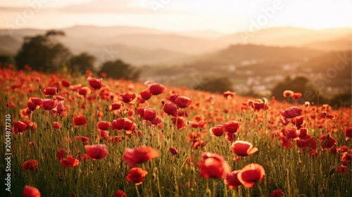 Vibrant red poppies clustered in a sunlit field on a rolling hillside