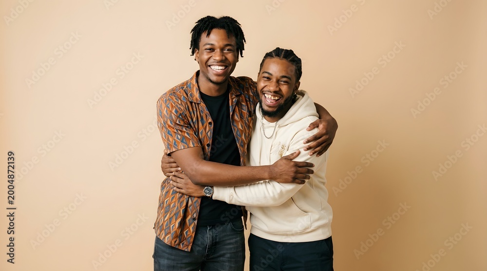 Obraz premium Two Smiling Black Men Embracing in a Studio Setting.