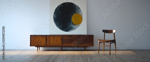 Minimalist abstract painting with a large black oval and a small yellow circle