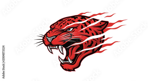 Canvas Print Aggressive Red Jaguar Head Mascot with Fiery Mane on White Background
