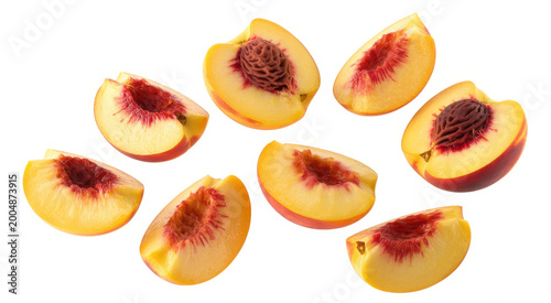 Several fresh peach slices with pits arranged on a plain white background, for food